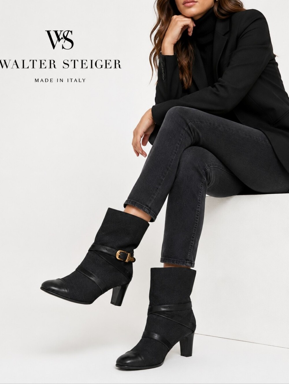 Vintage Walter Steiger Made in Italy Black Leather strap Ankle Boots Size 8.5